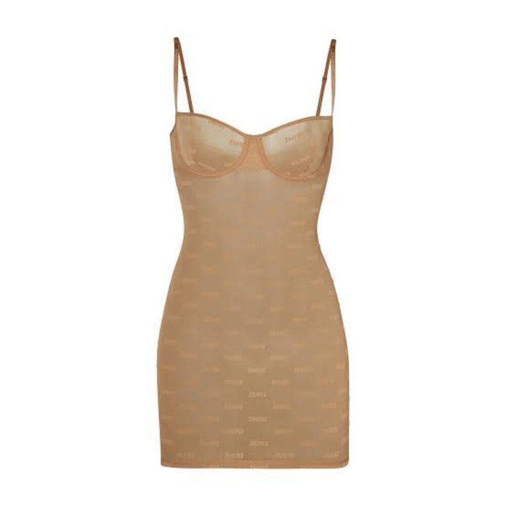 SKIMS After Hours Slip Dress 2X Ochre Sheer Logo Mesh Underwire NWT